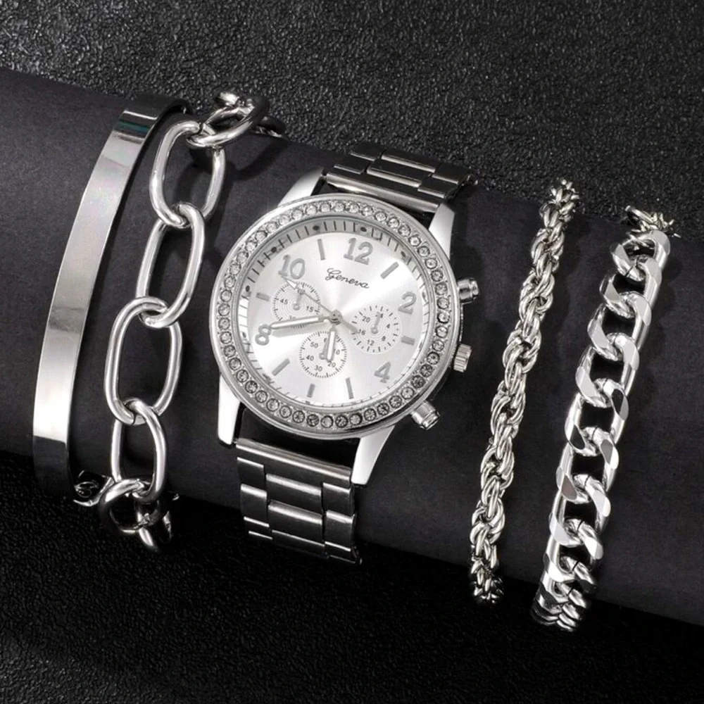 Men’s Fashion Jewelry Stainless Steel Watch And Bracelets All Stainless.☑️